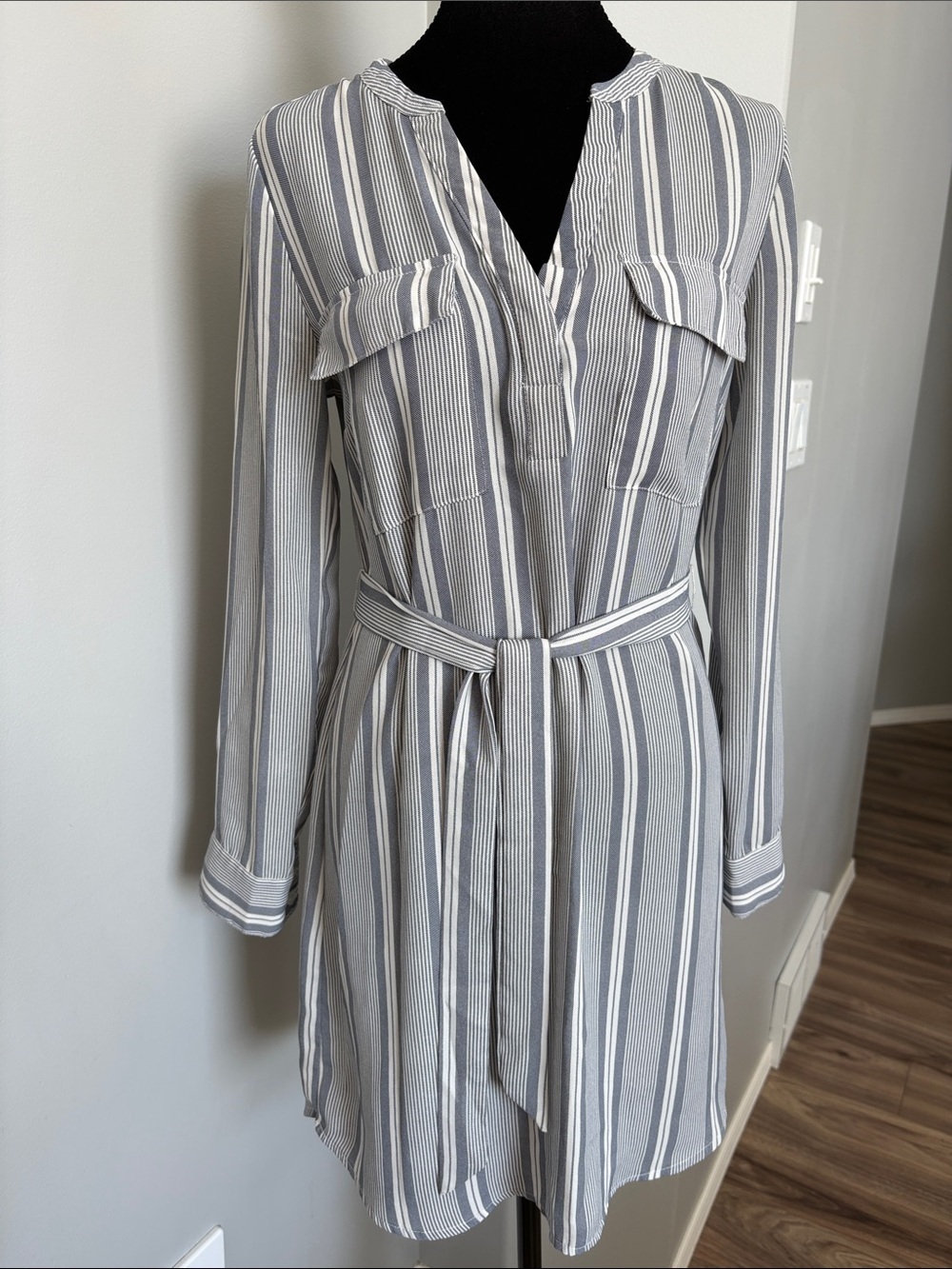 Dex Striped Long-Sleeve Shirt Dress in Gray and White